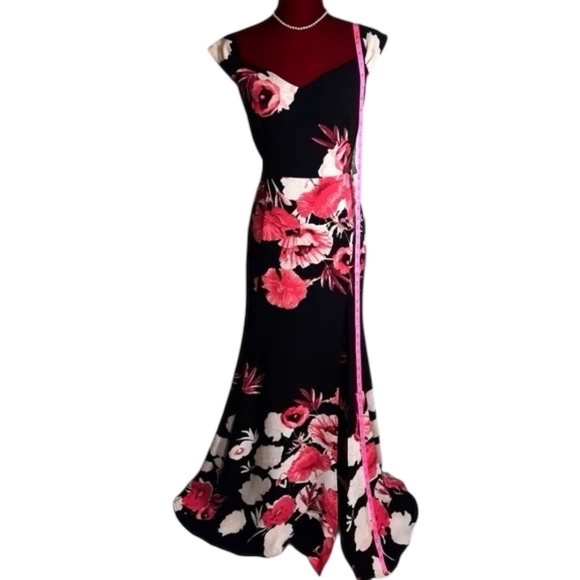 NWT Eva Mendes Collection On or Off Shoulder Maxi Gown Red Black Floral Size 4 - Picture 8 of 10